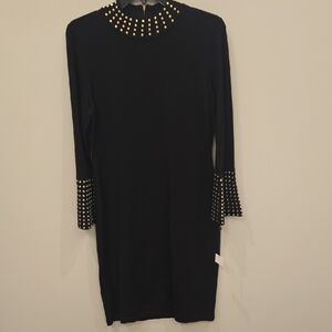 Calvin Klein Black Long Sleeve Dress with Gold Stud Accents Medium NWT